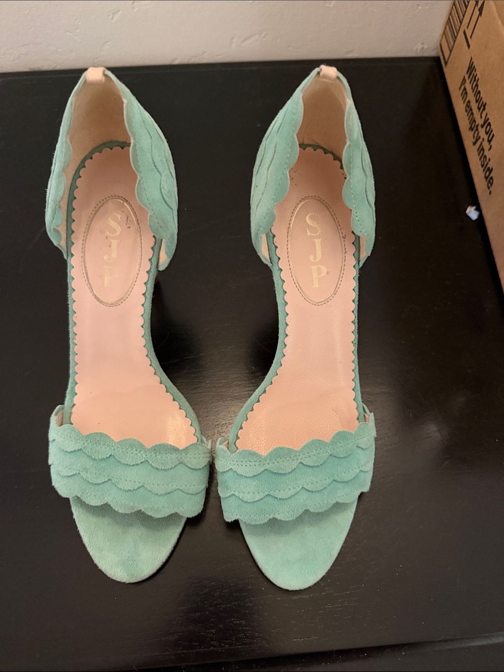 SJP D'Orsay Sandals Heels Bobbie Womens 37 Suede Seafoam Green Scalloped - Picture 2 of 4